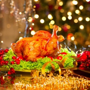 Christmas Dinner. Holiday Decorated Table With Roasted Turkey